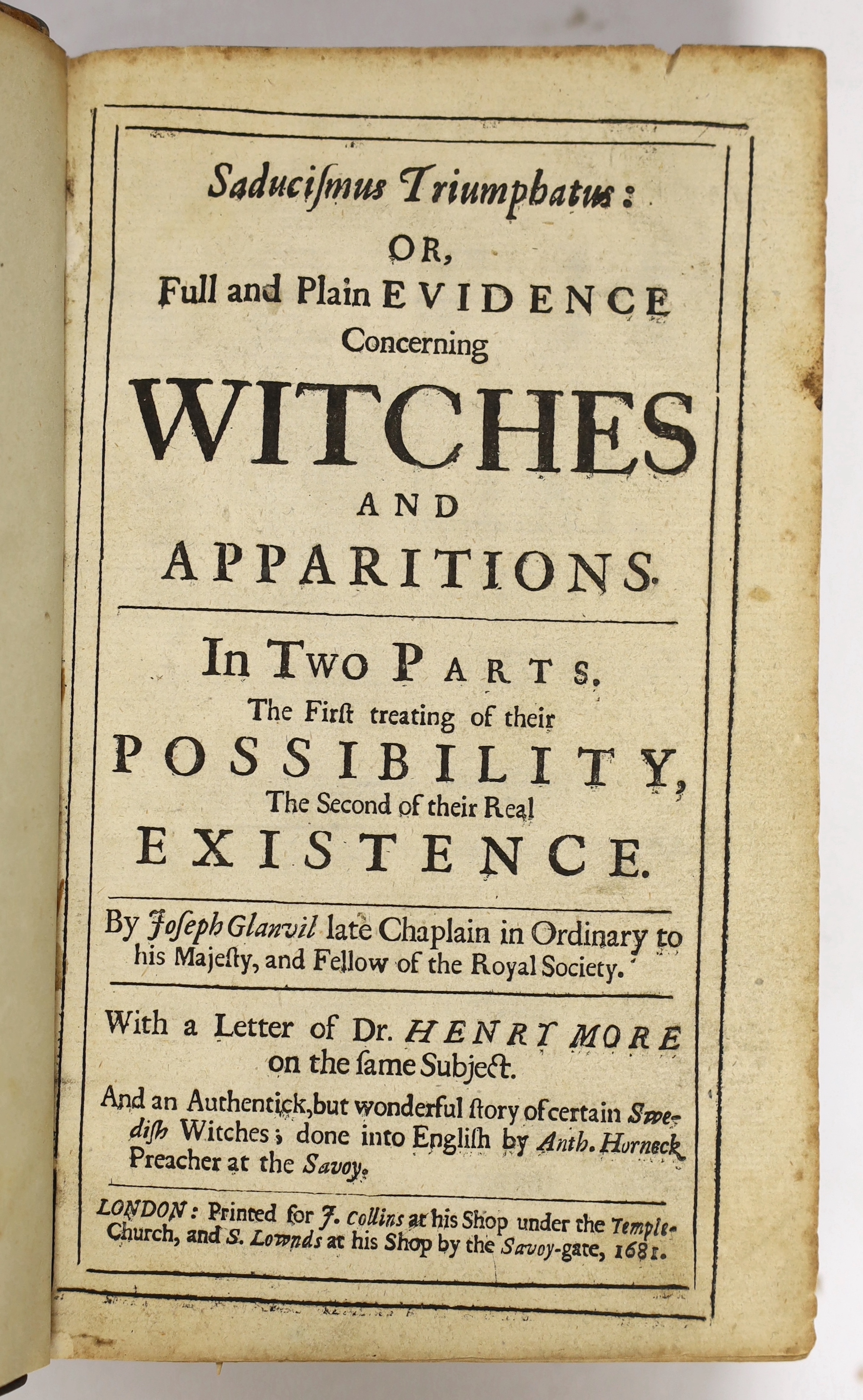 Glanvil[l] - Joseph - Saducismus Triumphatus: or, Full and Plain Evidence concerning Witches and Apparitions, in 2 parts, in one vol, calf, rebacked, with one only (of 2) engraved frontispieces to 2nd part, by Faithorne,